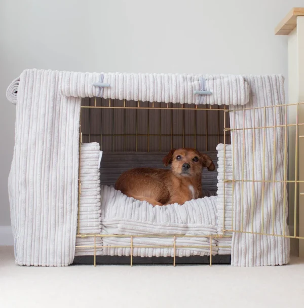 il_794xN.5196530903_mhhi Personalised Dog Crate Set In Light Grey Essentials Plush | Crate Bumper, Bed, Cover Set | Ultimate Dog Den | Dog Bedding