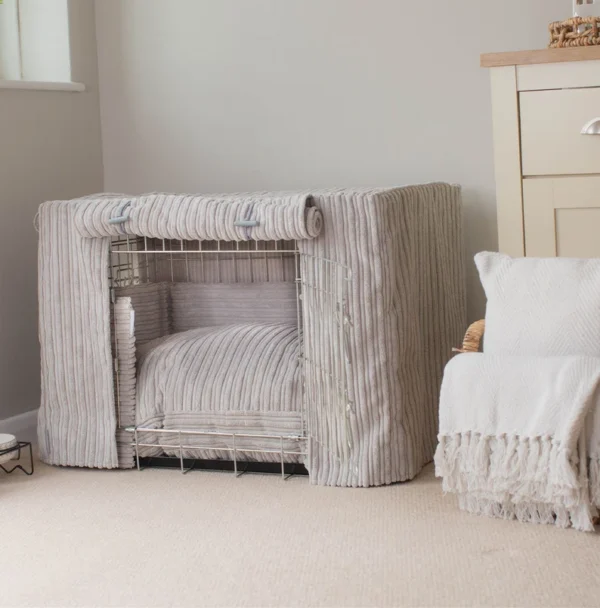 il_794xN.5196530991_oabd Personalised Dog Crate Set In Light Grey Essentials Plush | Crate Bumper, Bed, Cover Set | Ultimate Dog Den | Dog Bedding